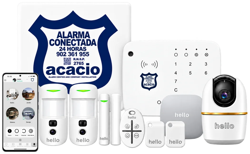 Kit de alarma para el hogar con cámara motorizada 360°, detectores con cámara, teclado, mando y placa disuasoria