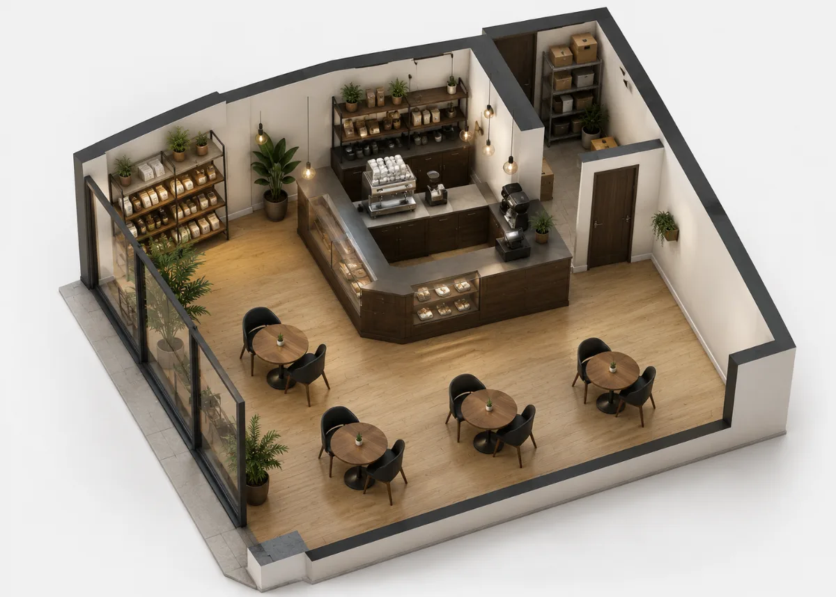 Render 3D de local comercial con puntos de seguridad