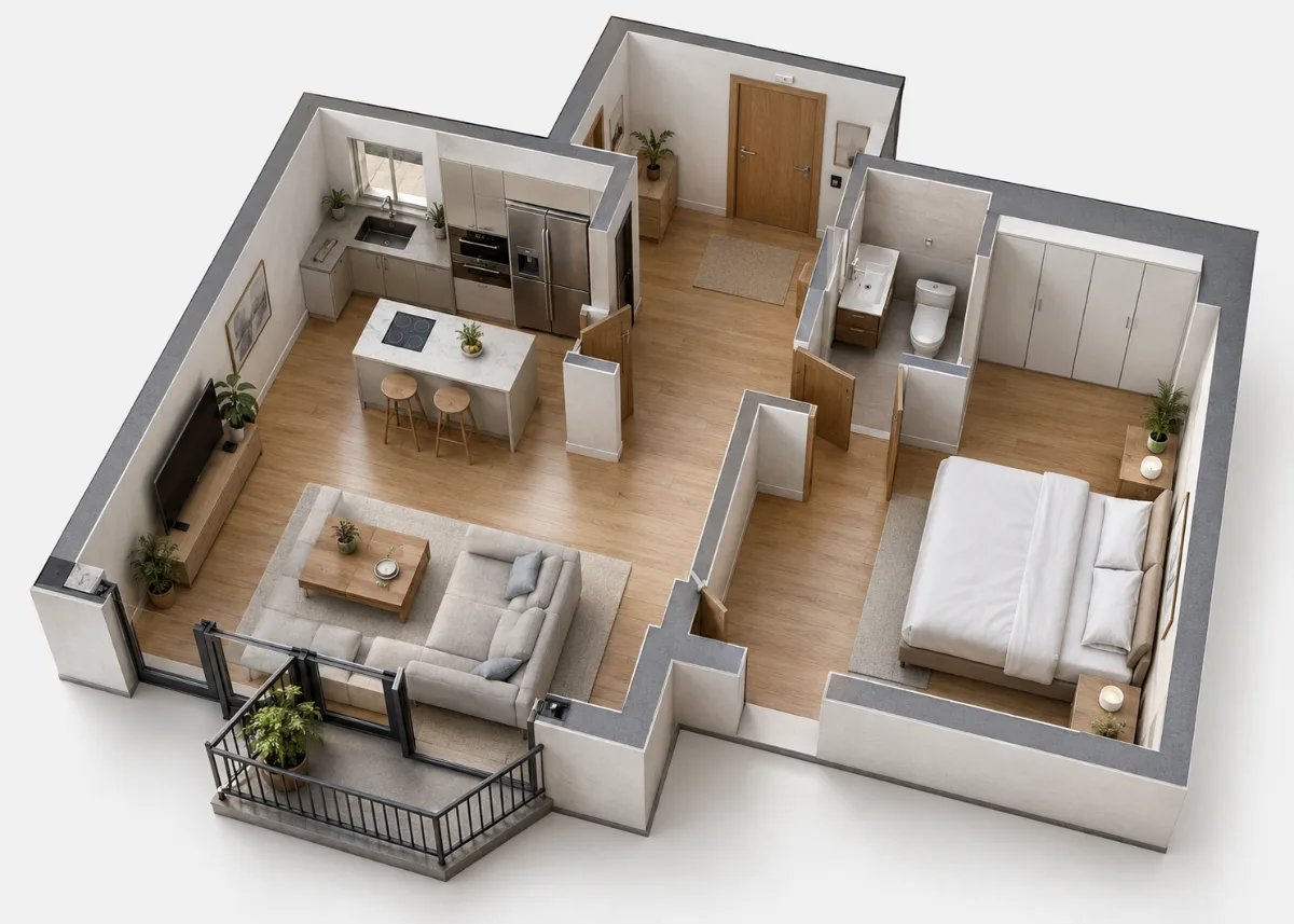 Render 3D de piso moderno con puntos de seguridad