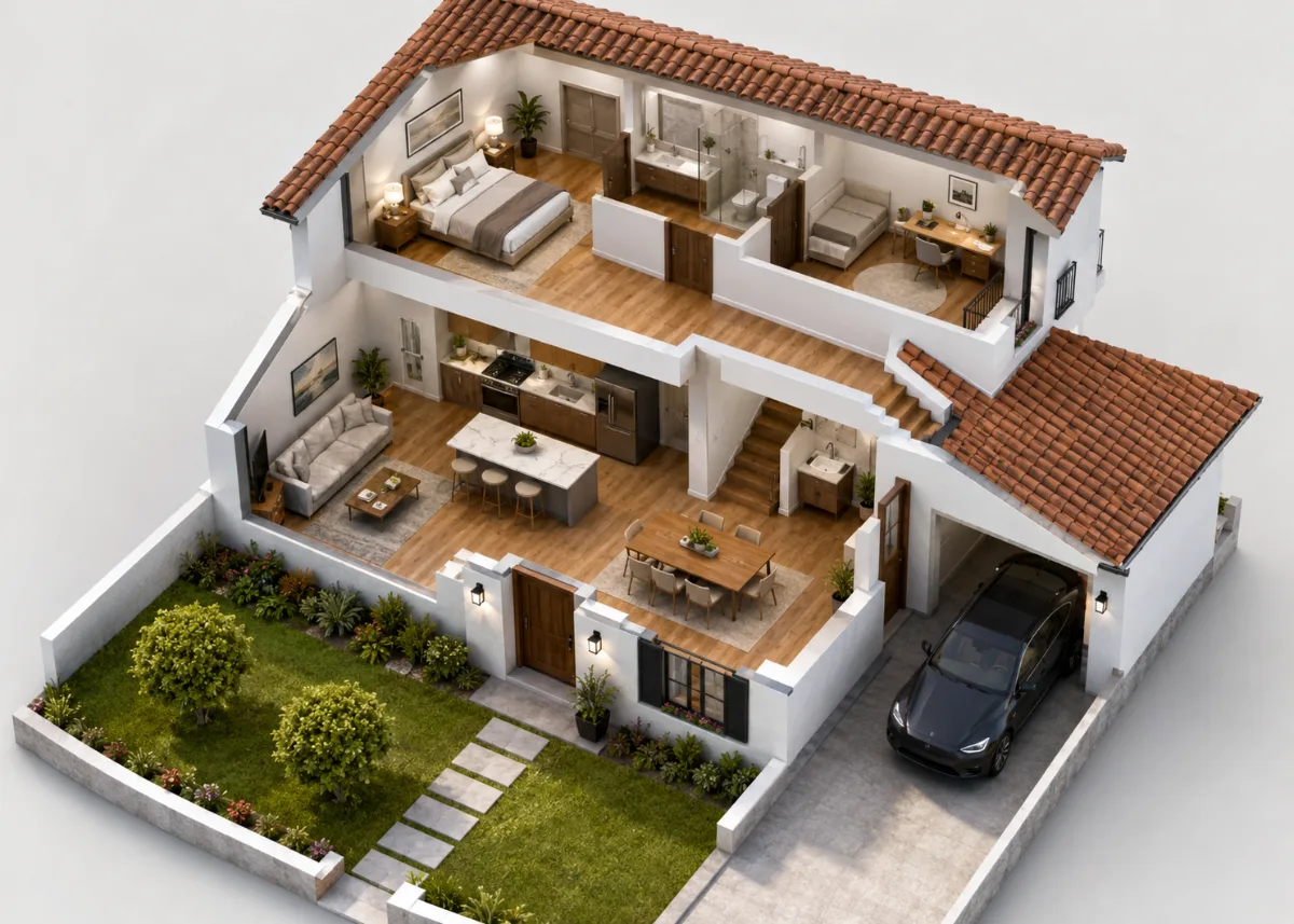 Render 3D de chalet con puntos de seguridad